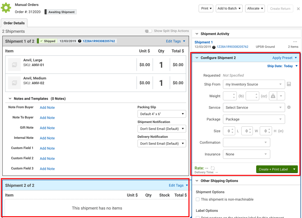 V3 shows create another shipment modal with sections Configure Shipment 1 and Shipment 2 of 2 marked.