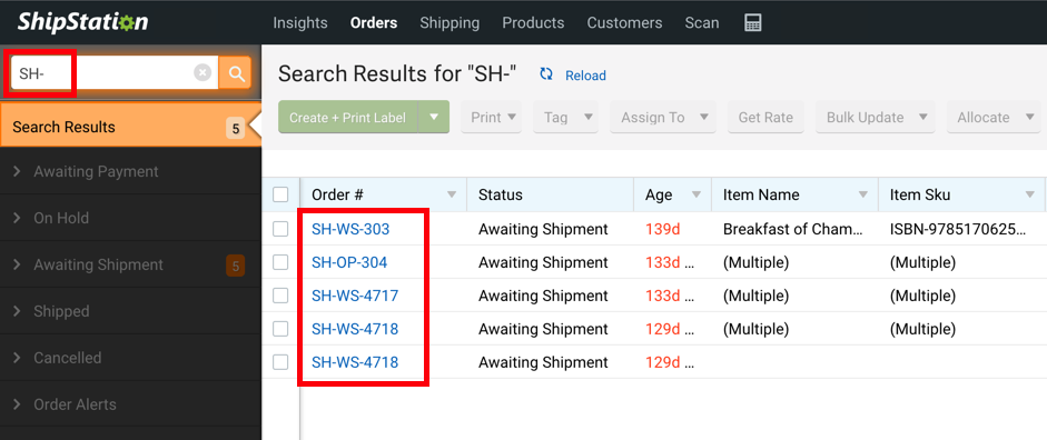Red box highlights search field with text SH-, and the term-matching Order numbers in Order grid.