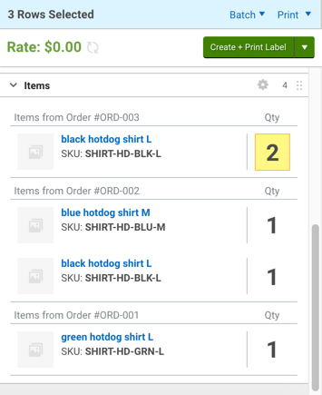 Order sidebar with items grouped by Orders