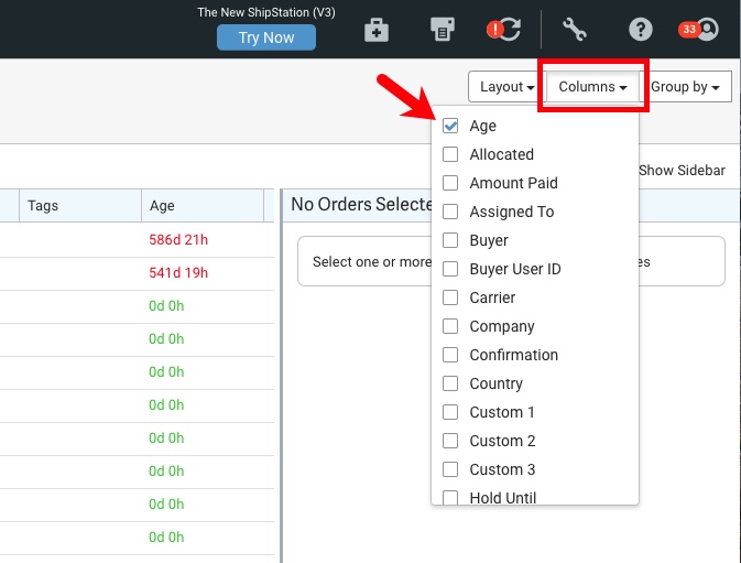 Red box highlights Columns dropdown. Red arrow points to checked option for Age.