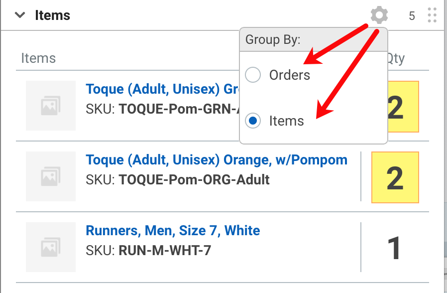 Group by menu displays the Orders and Items option