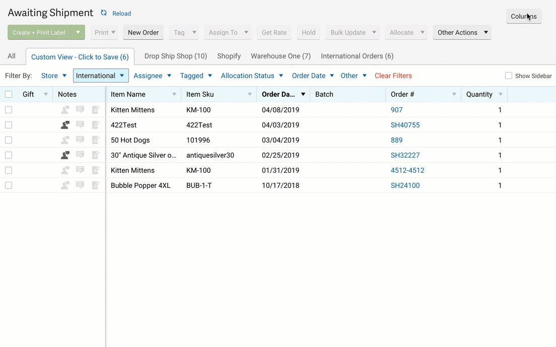 GIF demonstrates how to pin & unpin columns. Result shows selected columns pinned in Orders grid.