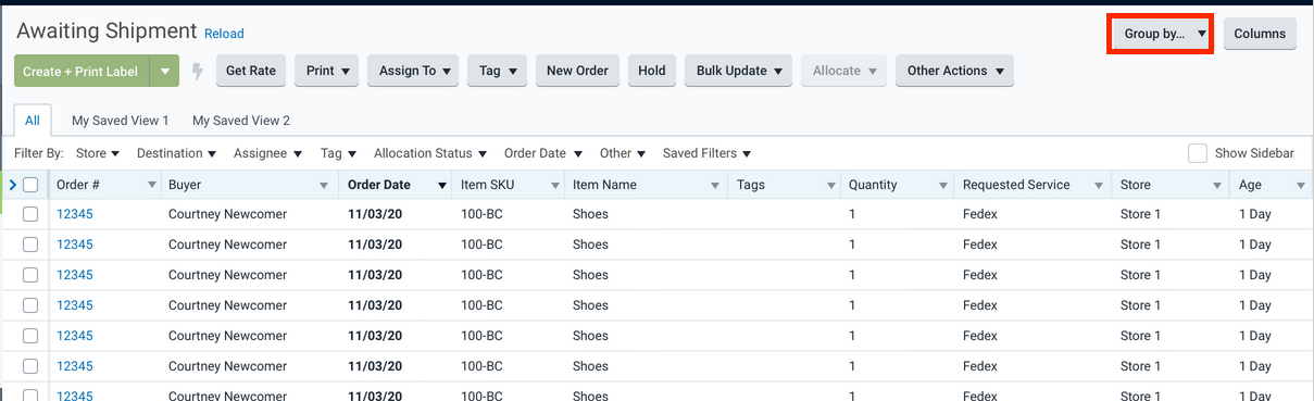 Orders Grid with the Group By menu selected