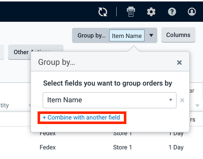 El menú Group by (agrupar por) con Item Name (nombre del artículo) seleccionado y +Combine (combinar más) con otra opción de campo resaltada