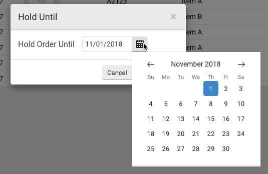 Muestra la fecha, el año de un calendario de un mes desde la ventana emergente de Poner en espera hasta. Fecha seleccionada resaltada. Flechas para avanzar y retroceder en el tiempo