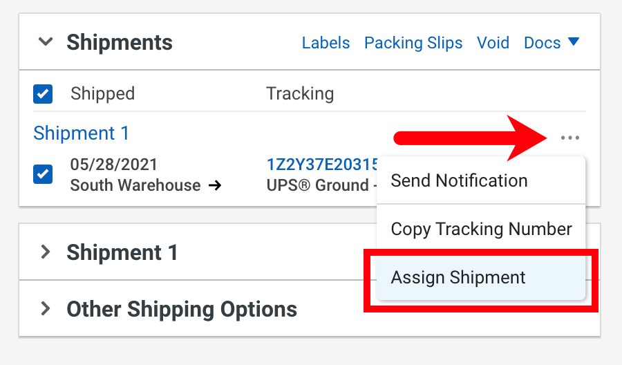 Order Details shipments action menu is open with the Assign Shipment option highlighted.