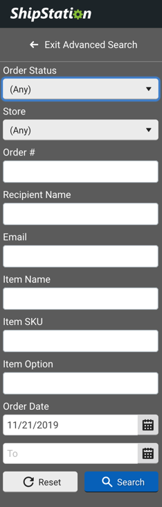 Advanced search in ShipStation, showing all available fields