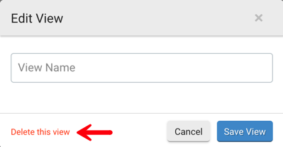 Edit View Popup. Red arrow points to Delete this View option.