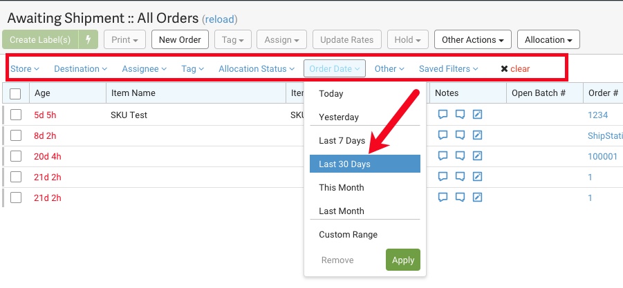 Red box highlights Filter bar options. Order Date dropdown is selected. Arrow points to option for Last 10 Days.