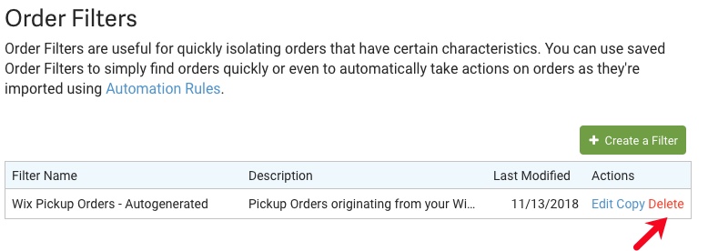 Automation: Order Filters. Arrow points to Delete button for rule action.