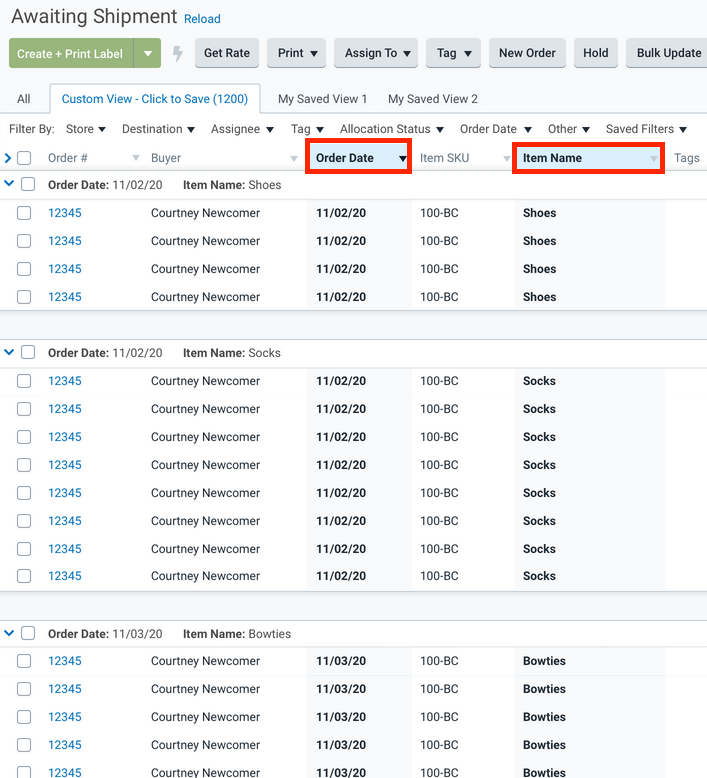 Orders Grid grouped by Order Date and Items name