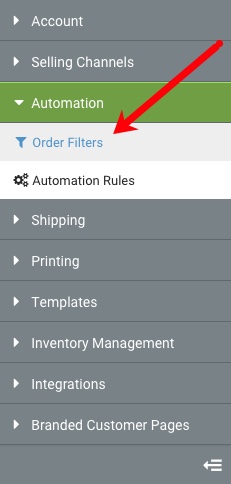 Barra lateral de configuración: menú desplegable Automatización. La flecha roja apunta a la opción Filtros de pedido.