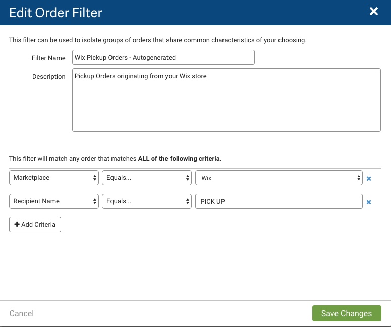 Regla de automatización: ventana emergente Editar filtro de pedido.