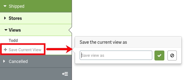 El cuadro rojo resalta Guardar vista actual en la barra lateral. La flecha apunta a una ventana emergente con el campo Guardar vista como