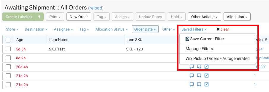 Filter bar, Red box highlights Saved Filter options: Save Current Filter, Manage Filters, and a customized filter.