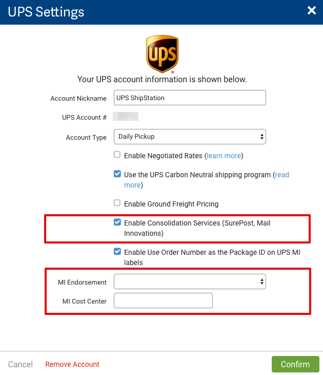 UPS settings form with Consolidation service options highlighted.