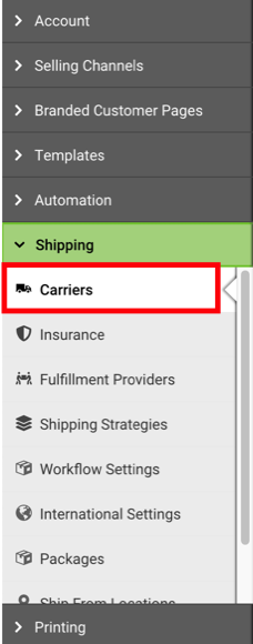 Settings sidebar with Shipping section open and Carriers section highlighted.