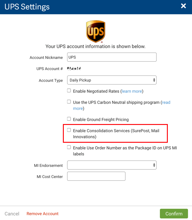 UPS Settings form with Enable Consolidation Services highlighted.