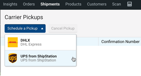 V3 Shipments tab, showing the DHL Express and UPS options in the Schedule a Pickup drop-down menu