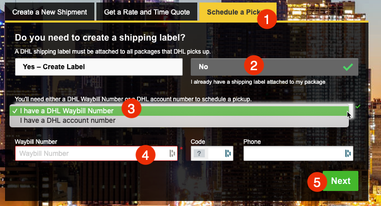 DHLX pick up scheduler form with the numbered annotations on the form fields.