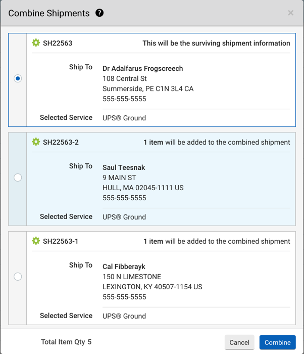 Choose Address pop-up. Shows 3 different addresses. Radio button shows 3rd address selected