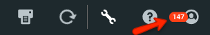 Primer plano de la barra de herramientas, con una flecha roja que apunta al número de alertas (147) en el ícono de perfil.