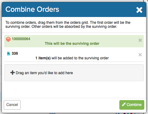 Ventana emergente Combinar pedidos. Orden sobreviviente en la parte de arriba, resaltada en verde. Botón Cancelar en la parte inferior izquierda, botón Confirmar en la parte inferior derecha.