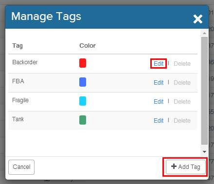 Manage Tags pop-up. 1st Red box highlights, Edit, option. 2nd red box highlights, + Add Tag button