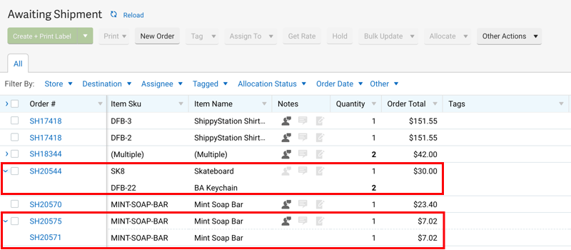 Orders grid with multi-item order expanded, showing the items and Order # of the combined order