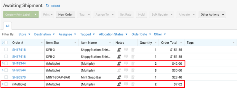 Orders grid. Boxes outline a multi-item order and an order that has been combined.