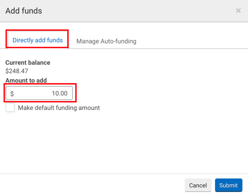 Stamps settings popup. Arrow points to Manually purchase additional funds option. Box highlights Funding Amount field.
