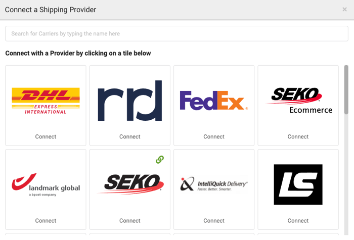 Connect a Shipping Provider popup showing all carrier tiles