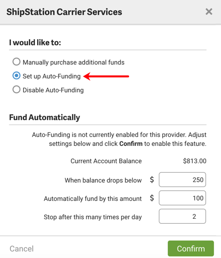 Settings popup for Stamps.com. Red arrow points to Set up Auto-funding option.