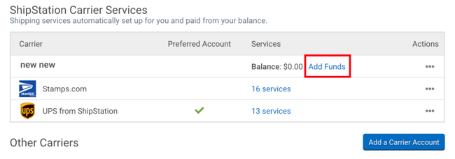 Add Funds link in Carrier settings highlighted
