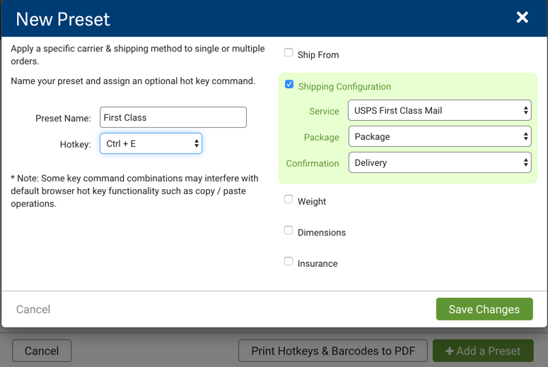 New Preset pop-up. Shipping Configuration box selected & highlighted. Fields to configure Service, Package, & Confirmation.