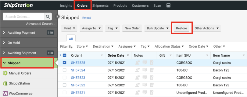 Box highlights the Restore button in the Actions bar on the Orders page