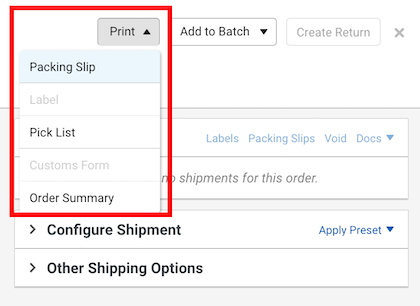 A box surrounds Order Details Print button, drop-down options are visible: Packing Slip, Label, Pick List, Customs Forms, Order Summary