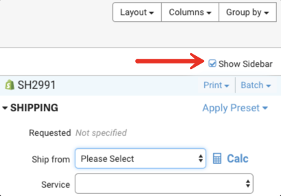 Close-up of Orders page. Red arrow points to Show Sidebar checkbox.