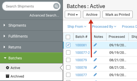Active Batch menu with arrow pointing to Archive button.