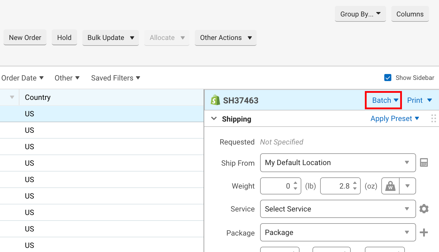 Orders tab, arrow points to Batch option above Shipping Sidebar