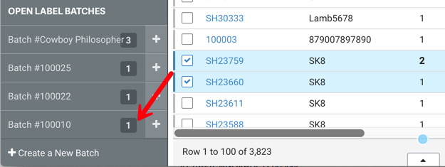 Red arrow points from Orders grid (with 2 orders selected) to Batches area at bottom-left of Orders sidebar.