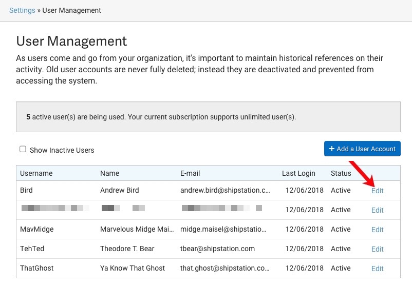 User Management. Arrow points to Edit action for a user.