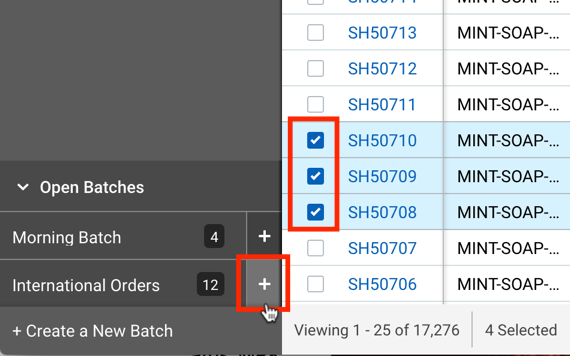 Closeup of Order grid Batches. Box outlines 3 selected orders and the plus sign for Add to Batch.