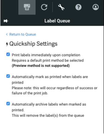Screenshot of Quickship settings. Options are listed & described below