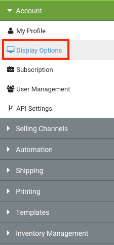 Barra lateral de configuración, Opciones de visualización detalladas en la sección Account Settings (configuración de la cuenta).