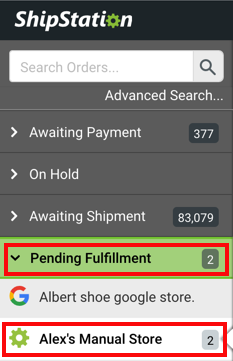 Orders left-hand sidebar. Red box highlights Pending Fulfillment, arrows point to number of orders in Status