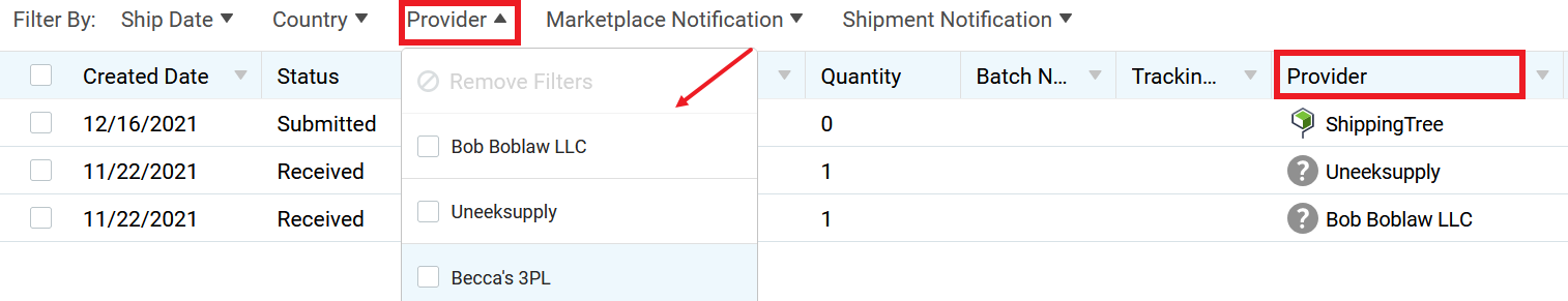 The Provider filter is marked with an arrow pointing to the provider dropdown. The provider column is marked that shows the selected vendor.