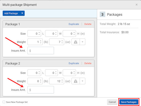 Multi-Package Shipment individual packages with arrow pointing to the Insure Amount field.