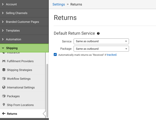 V3 Return Shipping Settings screen used to set a Default Return Service (Set Service & Package type)