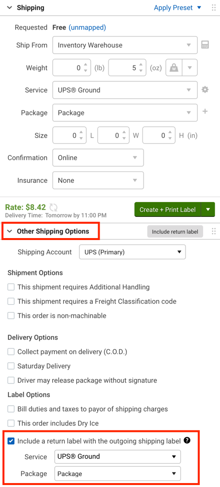 V3 Shipping Sidebar with Other Shipping Options and Include a Return label options selected.